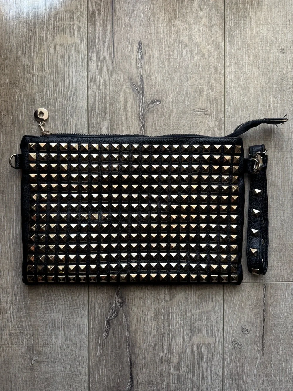 Black Studded Wristlet Clutch - Gold Pyramid Studs